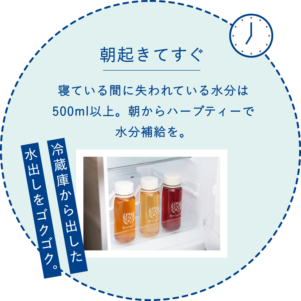 【朝起きてすぐ】寝ている間に失われている水分は500ml以上。朝からハーブティーで水分補給を。ー冷蔵庫から出した水出しをゴクゴク。