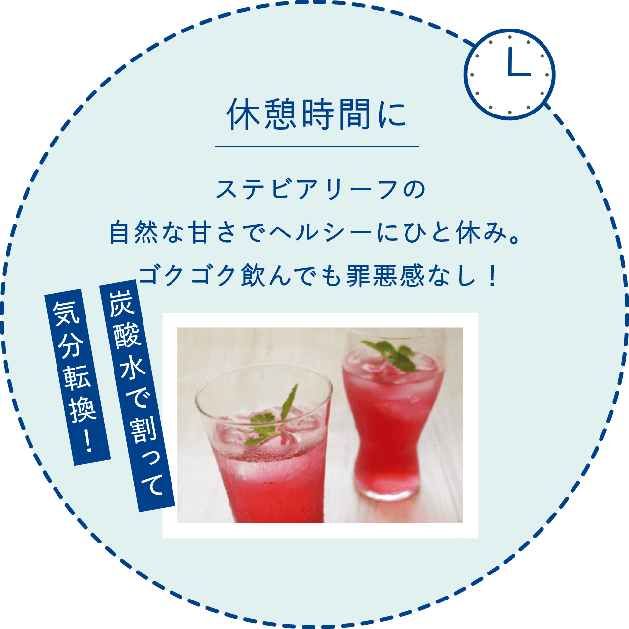 【休憩時間に】ステビアリーフの自然な甘さでヘルシーにひと休み。ゴクゴク飲んでも罪悪感なし！ー炭酸水で割って気分転換！